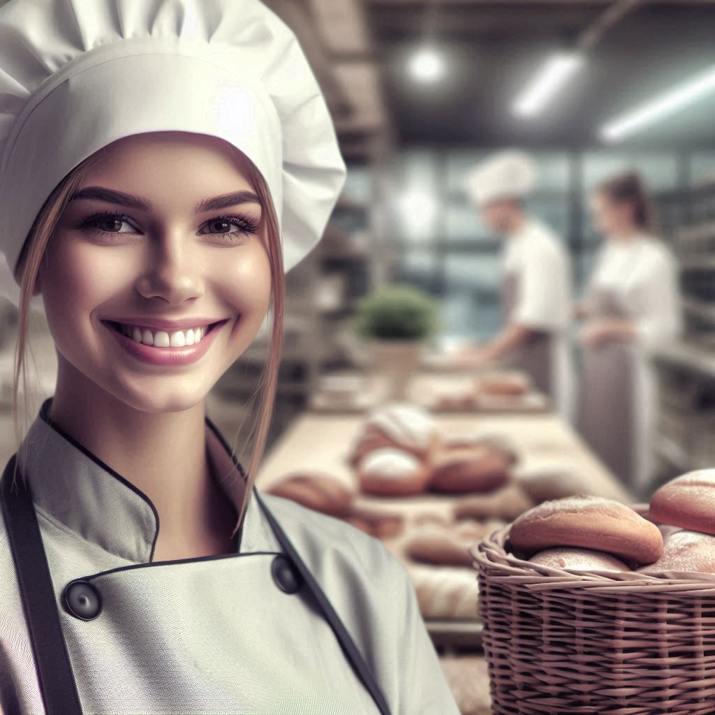 Artistic image of a Young smiling female baker with small glasses in a bakery background (1)