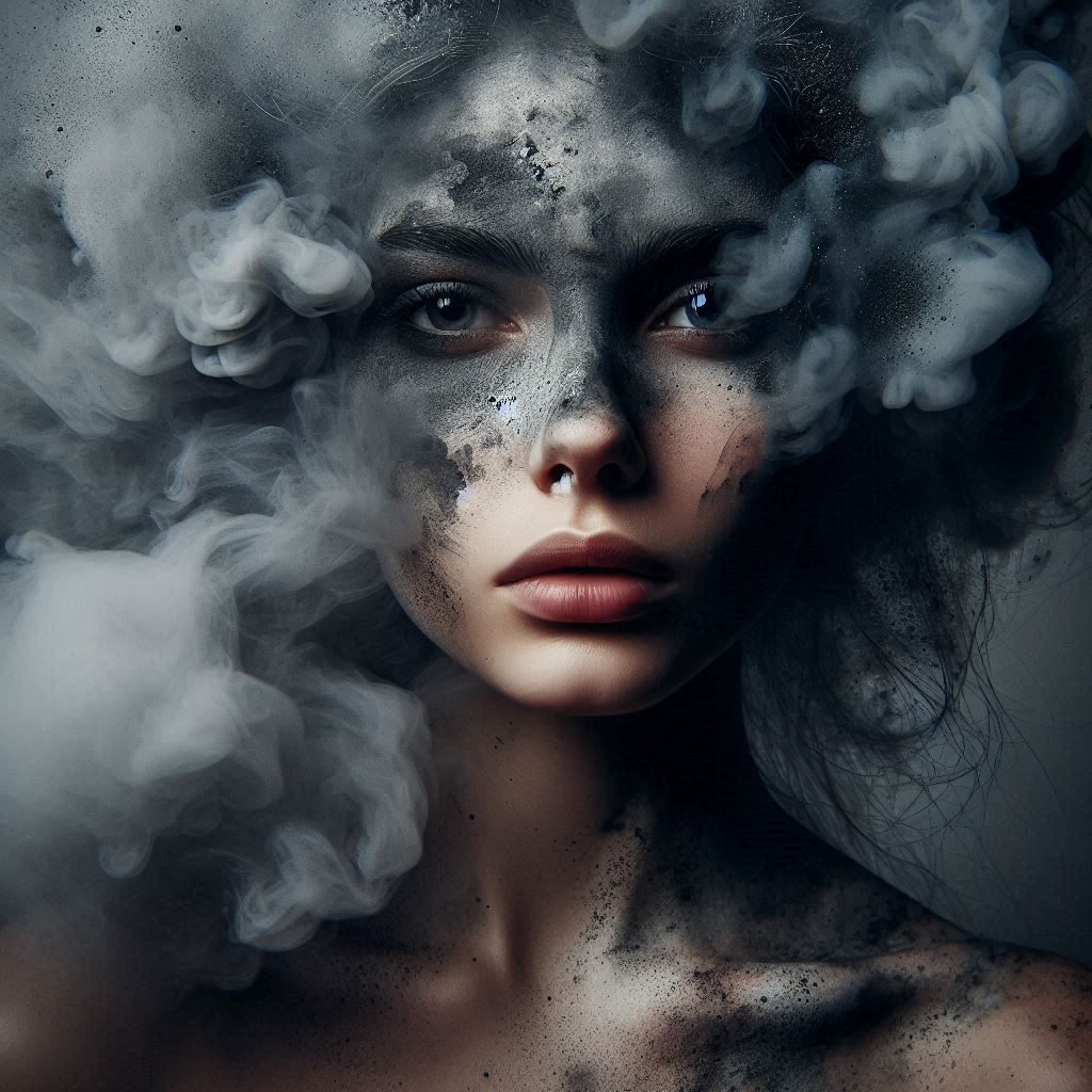 Artistic image of a woman covered with grey smoke (2)