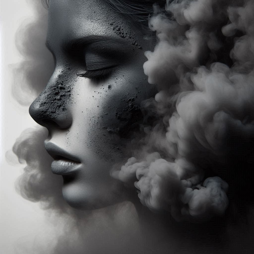 Artistic image side view of a womans face covered with grey smoke