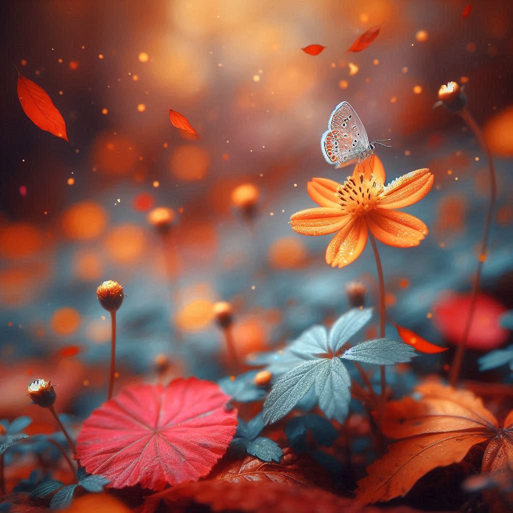 Little wild flower during autumn with a butterfly