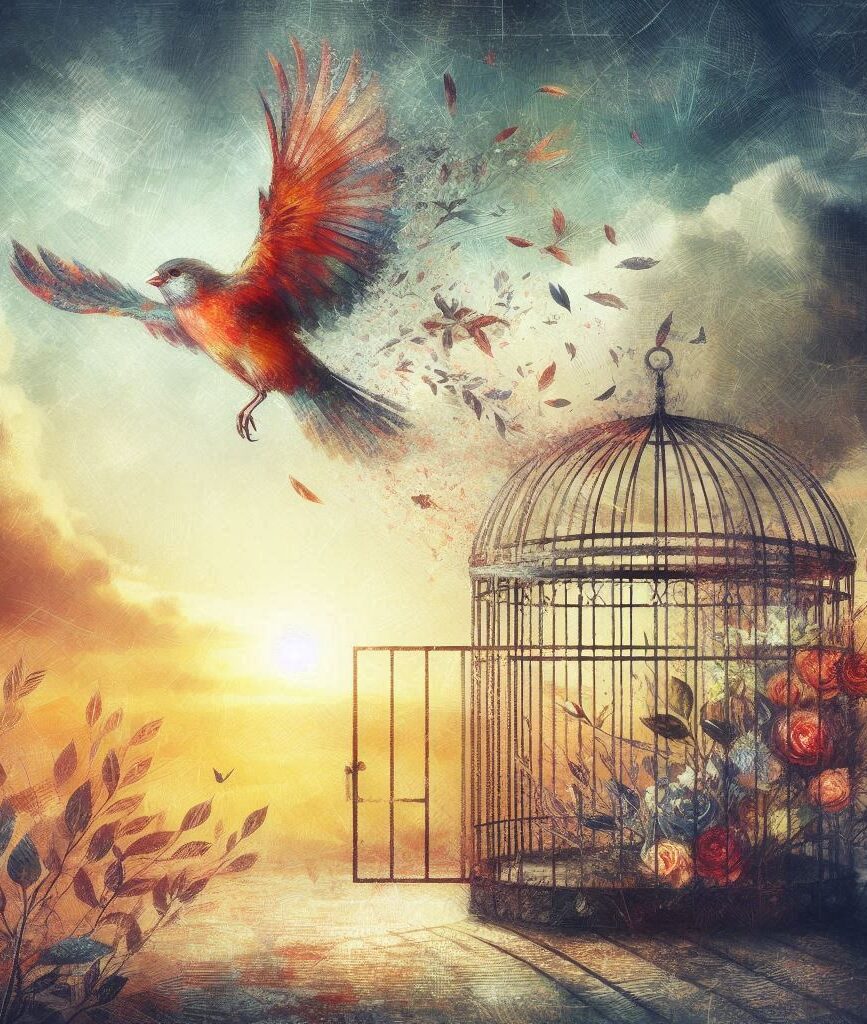 artistic image for a poem with bird flying out of cage