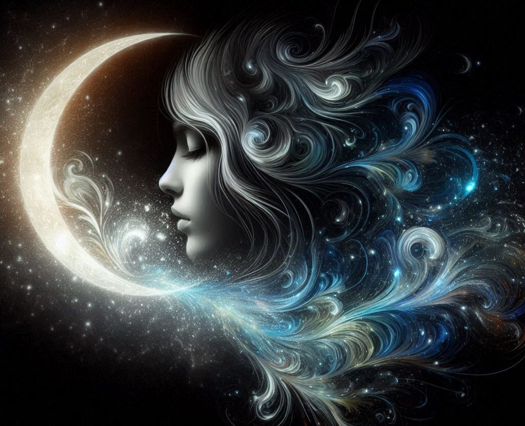 artistic image of a girl of the moon dreaming of her love