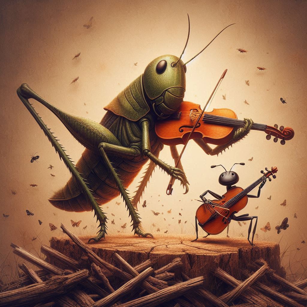 artistic image of a grasshopper singing with a violin and an ant working