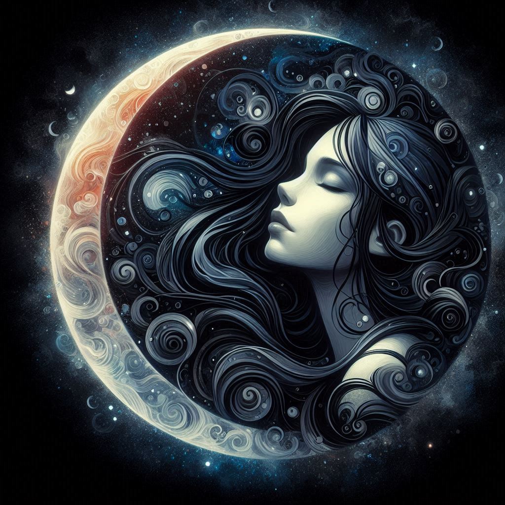 artistic image of a young lady with black hair of the moon dreaming of her love