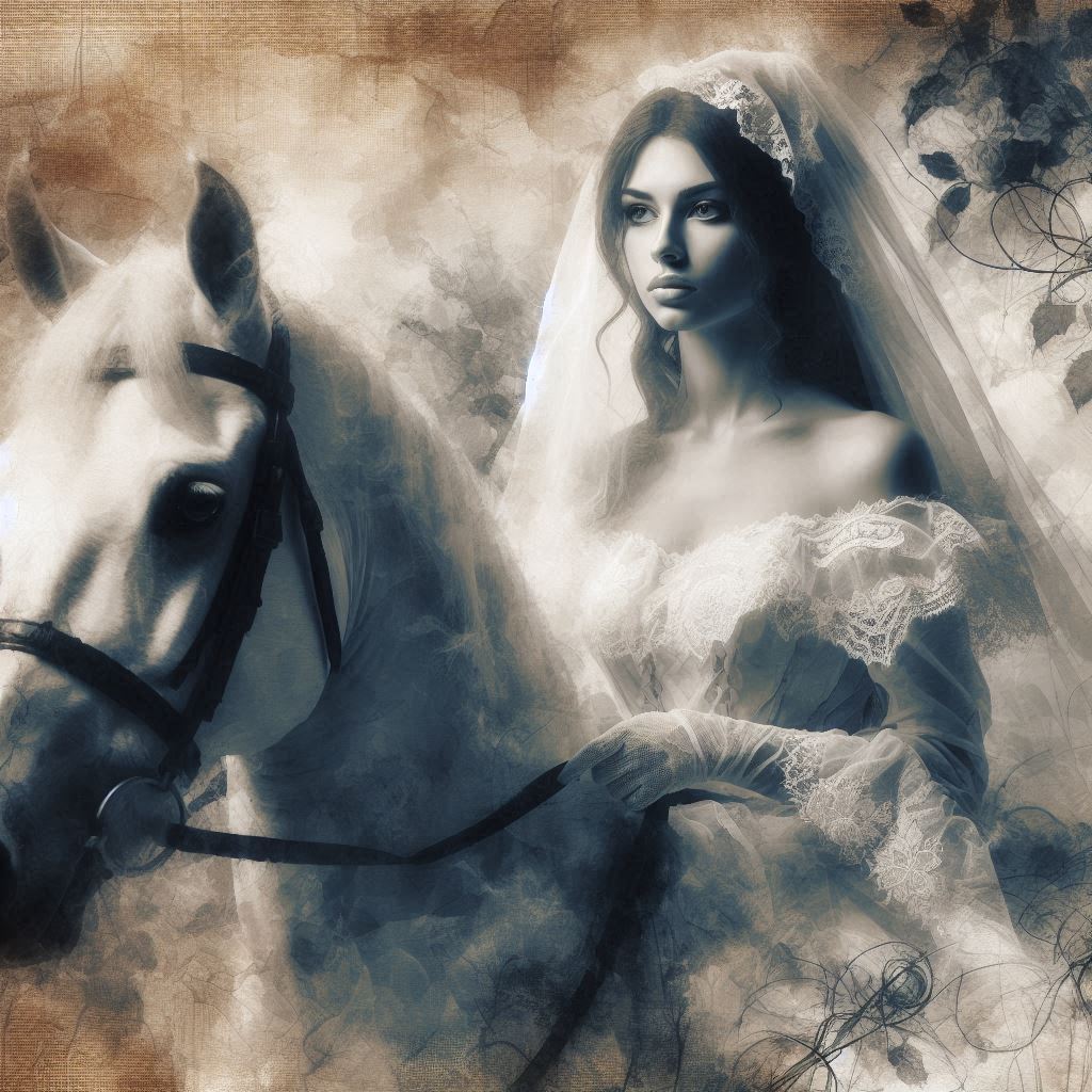 artistic image of a young woman in a white veil on horseback for a poem (1)