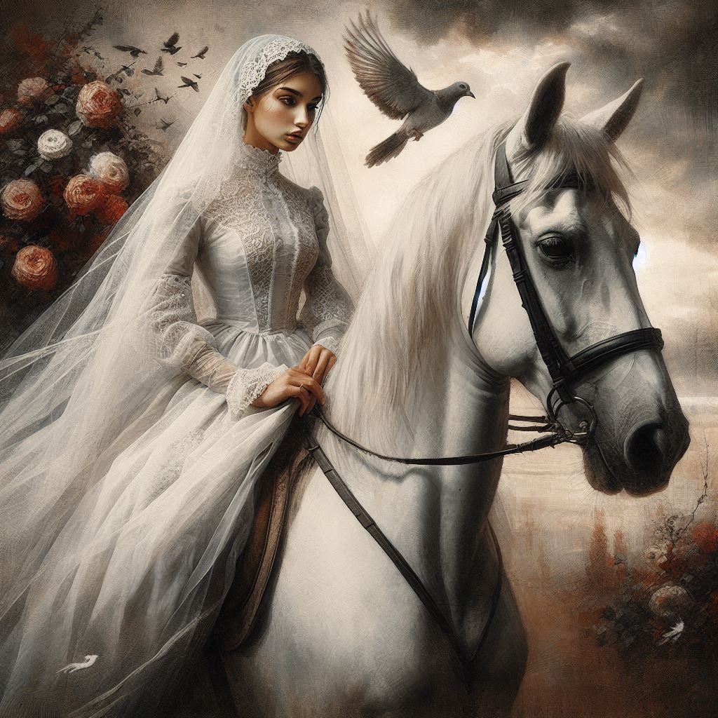 artistic image of a young woman in a white veil on horseback for a poem