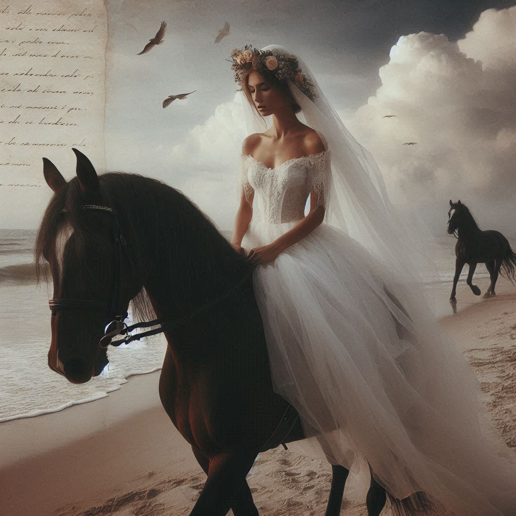 artistic image of a young woman in a white veil on horseback on the beach for a poem