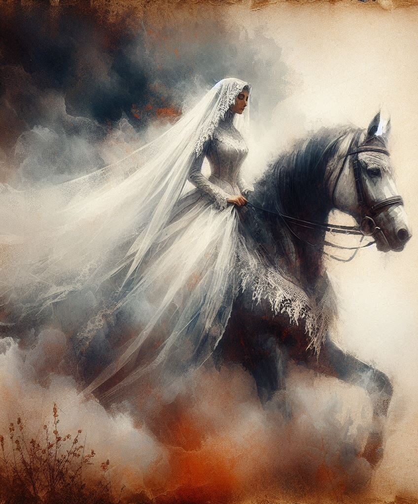 artistic image of a young woman in white veil on horseback for a poem