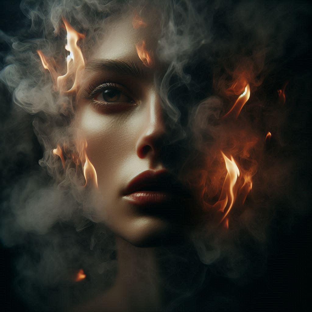 artistique image visage de femme comme une flamme dans la brume (2)